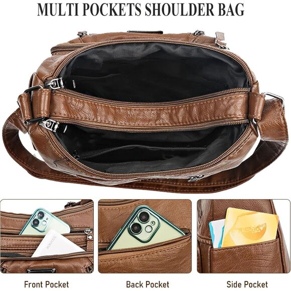 Women's Bronze Soft Pu Leather Multi-pocket Shoulder Bag Medium Cross-body Purse - Picture 4 of 8